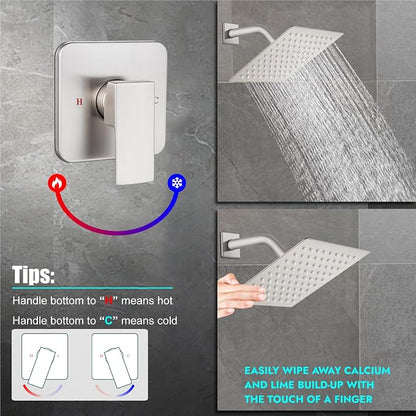 Heyalan Shower Faucet Set with Valve, Bathroom Rainfall Shower System, Wall Mount Single Handle Shower Trim Kit, Rainfall Fixed Shower Head, 8 Inch Square Shower Head,Brushed Nickel