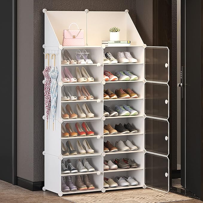 Jomifin Shoe Rack Storage Cabinet with Doors, Key Holder, Portable Shoe Organizer, Expandable Standing Rack, Holds 32-64 Pairs Shoes Boots Slippers for Closet Hallway Entryway Bedroom, 2x8 Tier, White