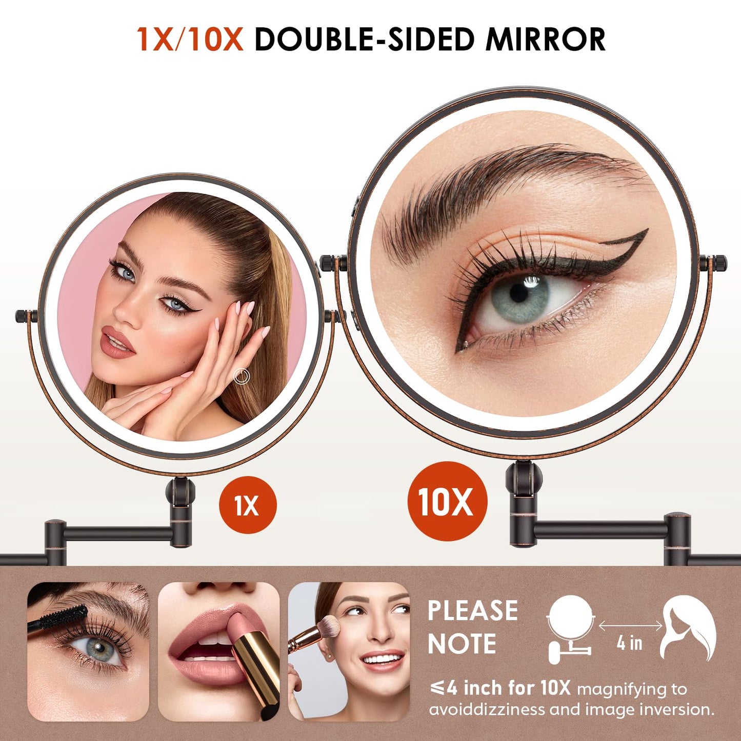 9" Wall Mounted Lighted Makeup Mirror,4000mAh Rechargeable Double Sided 1X/10X Magnifying Mirror with Light,3 Color Lights,Touch Dimmable,Extended Arm 360 Rotation Wall Mounted Makeup Mirror