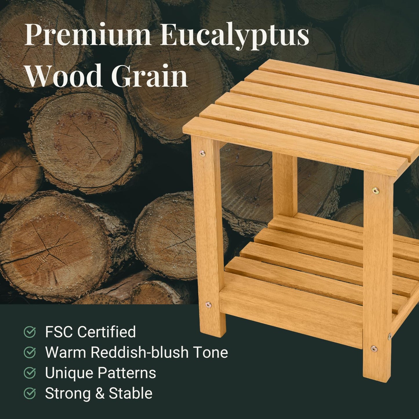 Eucaland Premium 2-Tier Eucalyptus Wood Side Table with Slatted Storage Shelf, 13" x 16" x 17.5", Wooden Accent Table for Living Room, Entryway or Bedside (Golden)
