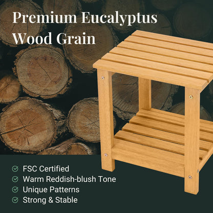 Eucaland Premium 2-Tier Eucalyptus Wood Side Table with Slatted Storage Shelf, 13" x 16" x 17.5", Wooden Accent Table for Living Room, Entryway or Bedside (Golden)