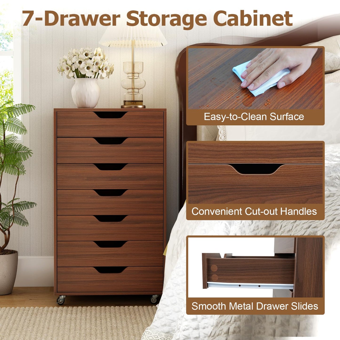 Giantex 7-Drawer Storage Cabinet, Mobile File Organizer with 4 Universal Casters, Wooden Vertical Filing Cabinet on Lockable Wheels for Office, Study, Living Room (19” x 15.5” x 34.5”,Walnut)