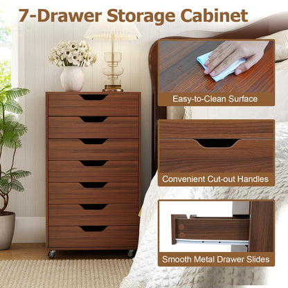 Giantex 7-Drawer Storage Cabinet, Mobile File Organizer with 4 Universal Casters, Wooden Vertical Filing Cabinet on Lockable Wheels for Office, Study, Living Room (19” x 15.5” x 34.5”,Walnut)