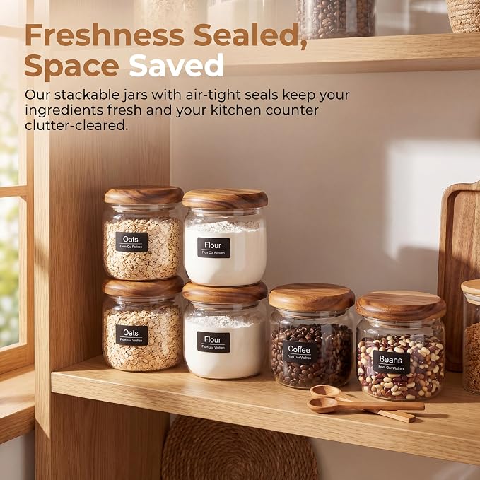 4-Pack 10 fl oz Wide Mouth Mason Jars with Spoon & Labels, Acacia Wood Lids, Press Seal, No Plastic, for Food, Snacks, Candy, Fruits, Coffee Beans, Spices & Dry Storage, Pantry Organizer.