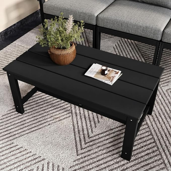 HDPE Patio Sofa Set, 4-Piece Sectional Outdoor Patio Furniture Set, All Weather Outdoor Couch Set with Coffee Table & Grey Washable Thick Cushions for Balcony, Porch (Black Frame)