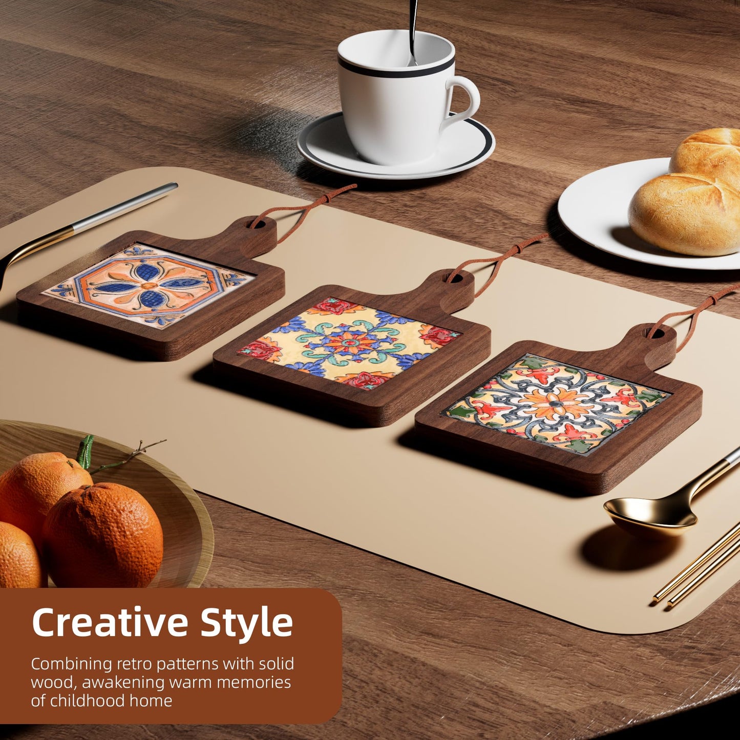 Wooden Trivets for Hot Dishes，3PCS Wooden Coasters with Organising Holder，Base is Also a Cell Phone Holder，Pot Holders for Kitchen，Trivets for Hot Pots and Pans，Hot Pad to Portect Your Countertop