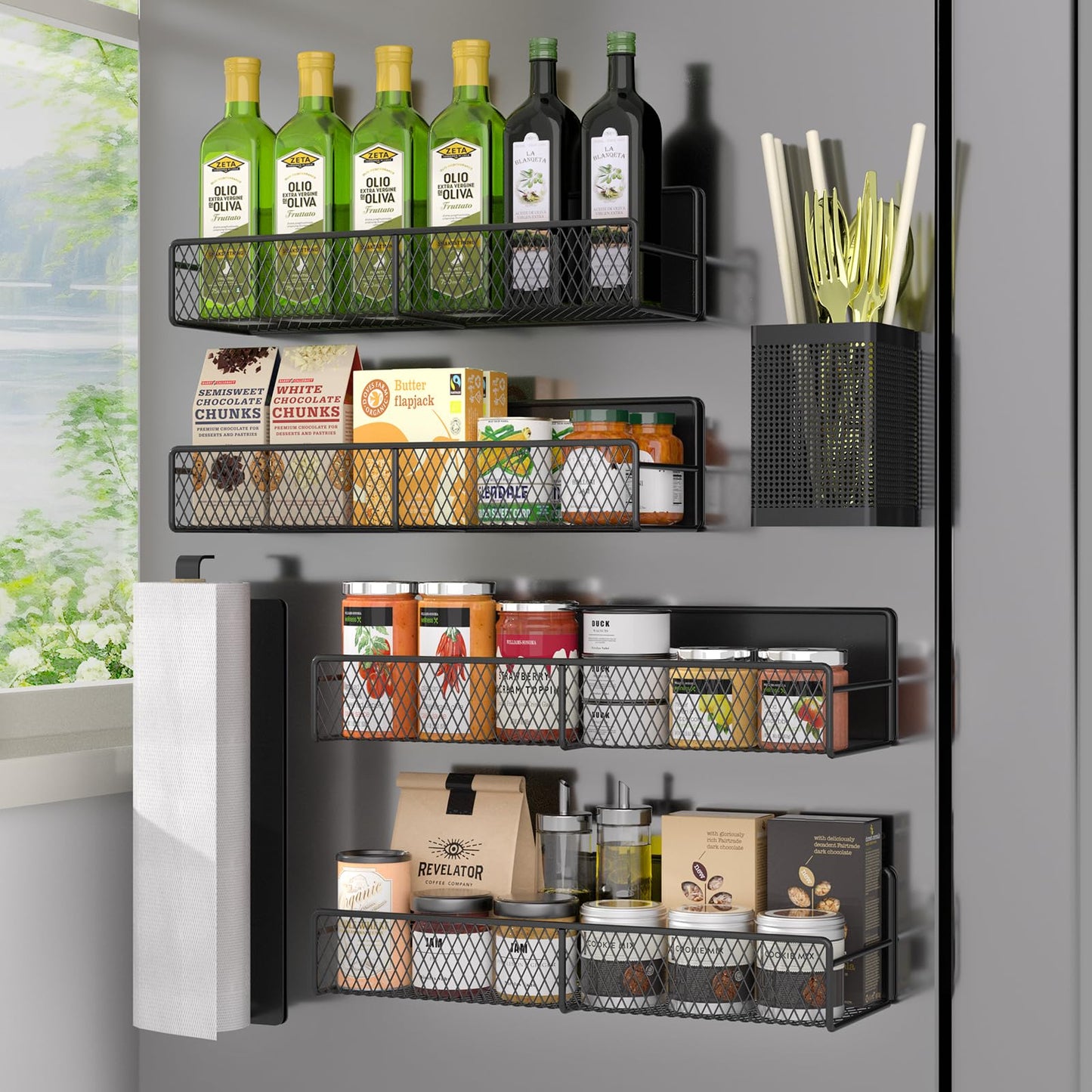 Magnetic Spice Rack for Refrigerator, 6 Pack 100% Metal Strong Magnet Shelf Black, Space Saving Spice Organizer, Home Kitchen Laundry Room Storage Organization W/ Paper Towel Holder, Utensils Racks