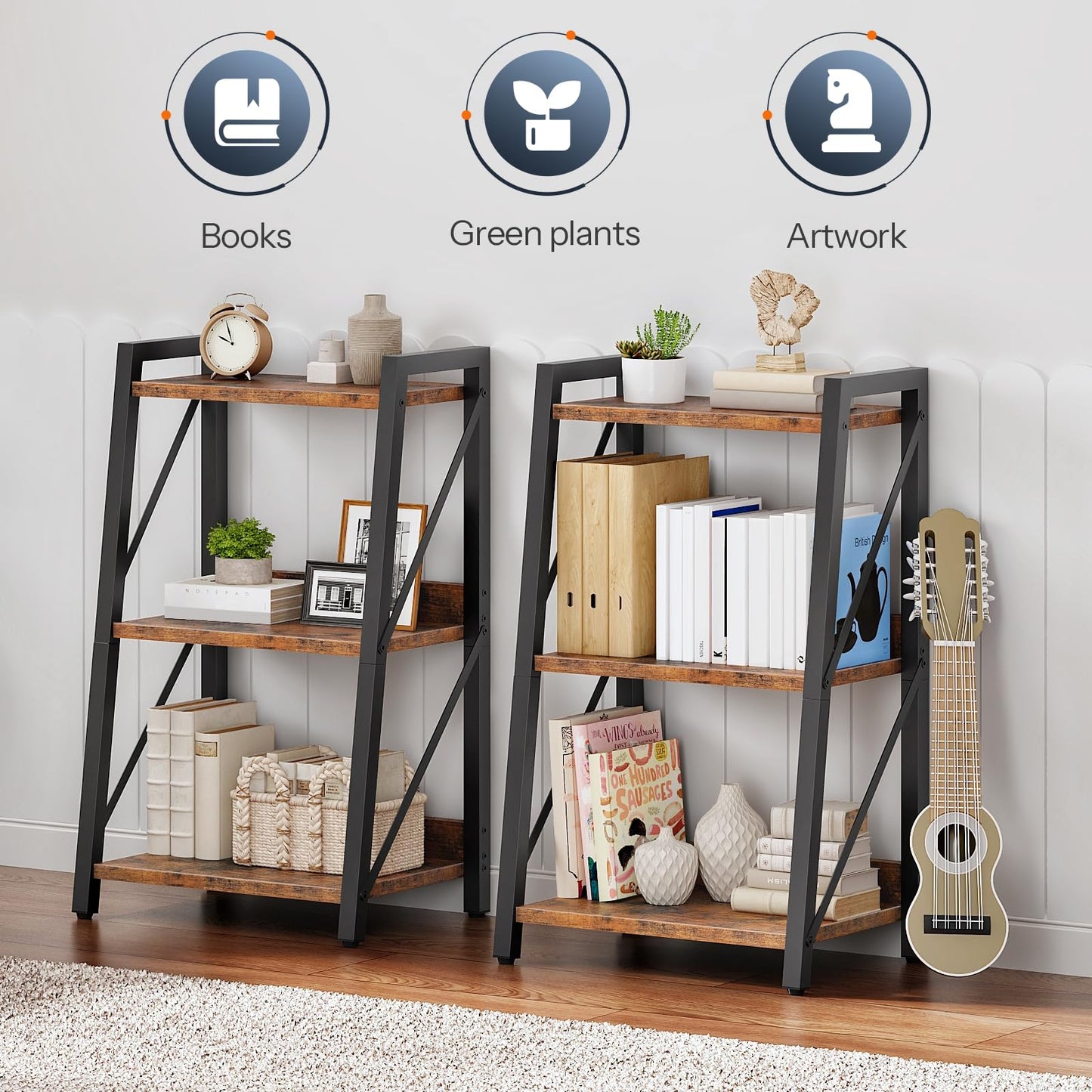 HOOBRO Ladder Shelf, 3-Tier Bookshelf, Corner Bookcase, Small Bookshelf with Metal Frame, for Living Room, Bedroom, Home Office, Kitchen, Rustic Brown and Black BF303CJ01