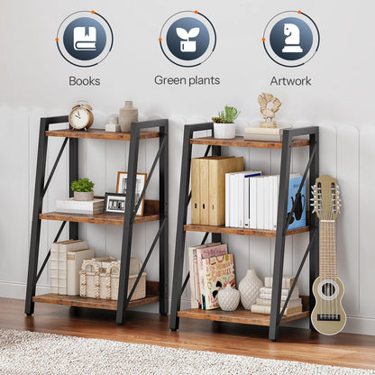HOOBRO Ladder Shelf, 3-Tier Bookshelf, Corner Bookcase, Small Bookshelf with Metal Frame, for Living Room, Bedroom, Home Office, Kitchen, Rustic Brown and Black BF303CJ01