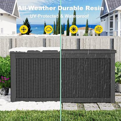 320 Gallon Resin Deck Box, Lockable Weatherproof Outdoor Storage Box for Furniture, Garden Tools and Tools Storage, Waterproof Outside Storage Boxes - Black