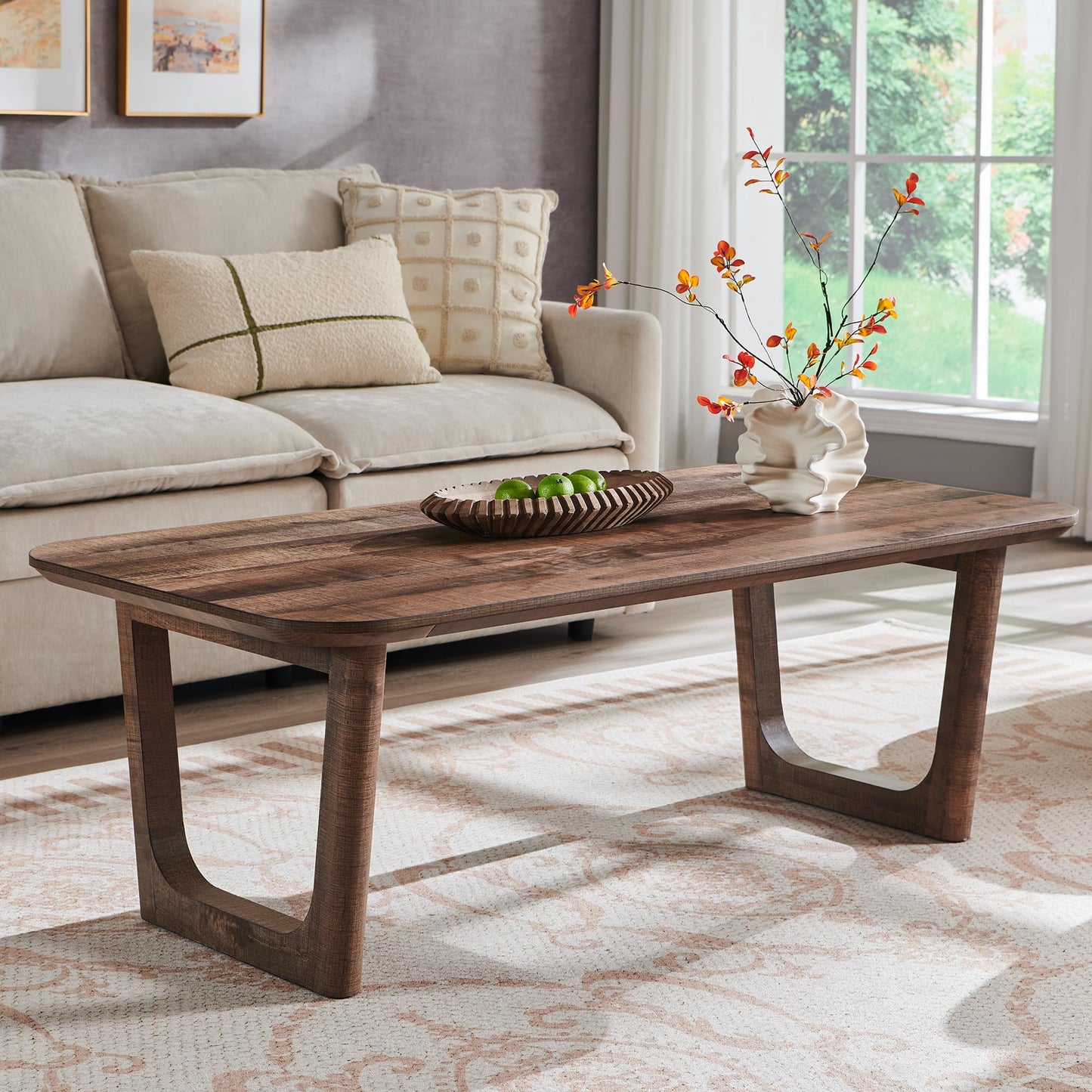 ACCOHOHO Mid Century Modern Coffee Table for Living Room,51.2" Large Rectangle Wood Coffee Table with U-Shaped Legs & Sturdy Base Design,Center Table for Office,Apartment,Light Brown