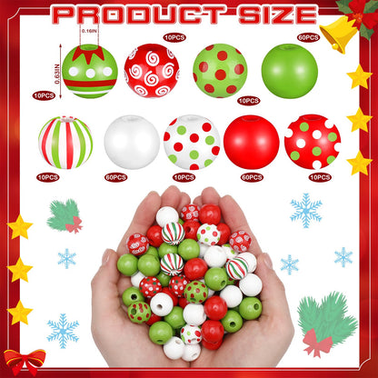 240 Pcs Christmas Wooden Beads Bulk for Crafts, Red and Lime Green Round Spacer Polka Dot Peppermint Swirl Beads for Jewelry Making DIY Garland Pen Holiday Xmas Tree Decor Ornament, 16mm, 9 Styles