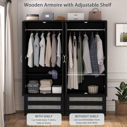 Brafab Armoire Wardrobe Closet with 2 Modern Doors Set of 2, 71" Tall Freestanding Closet Wardrobe Cabinet with Drawers and Hanging Rail, Wooden Storage Cabinet with Shelve for Bedroom, Black