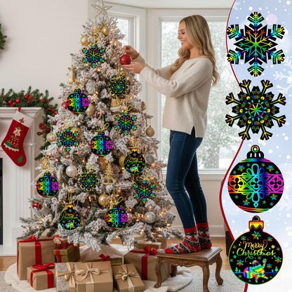 Yeaqee 80 Pcs Christmas Ornament Scratch Cards Christmas Scratch Paper Art with Drawing Sticks and Ribbons DIY Xmas Magic Paper for Winter Xmas Home Party DIY Activities (Snowflake)