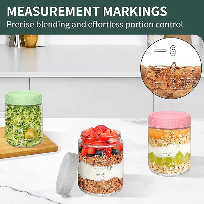 Xyptorix 4-Pack 16oz Overnight Oats Containers with Airtight Lids - Glass Mason Jars with Measurement Marks for Yogurt, Meal Prep & Chia Pudding, Stackable & Leakproof