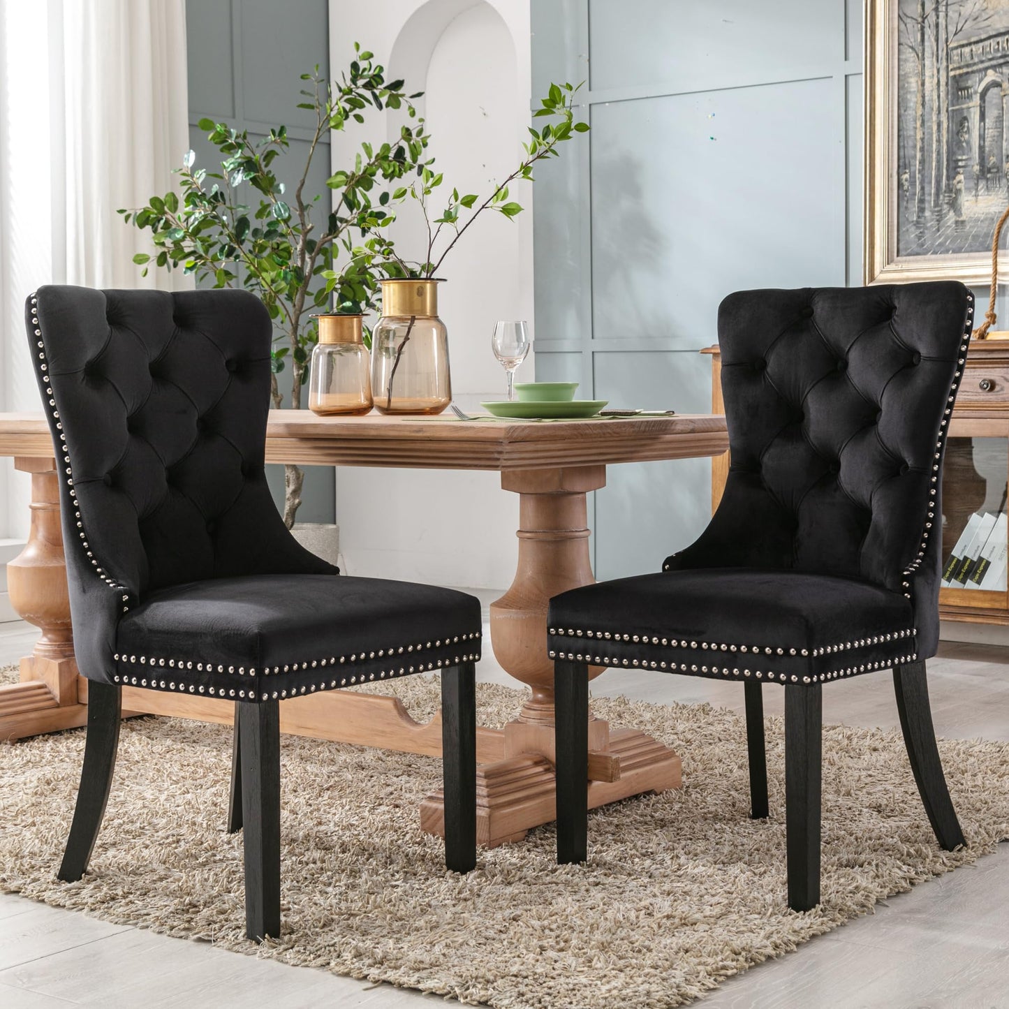 Homedraft Velvet Dining Chairs Set of 4, Nikki Collection Dining Room Chairs with Wood Legs and Pull Ring, Luxury Side Chair with Nailhead Trim and Button Tufted Back, Black