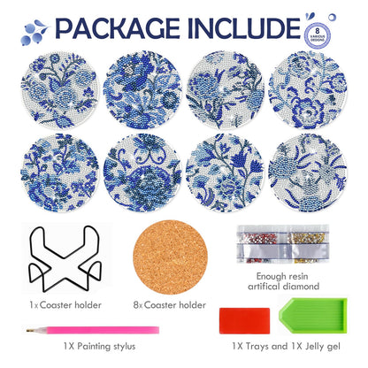 INCOK Blue Flower Diamond Art Coasters - 8 Pcs Diamond Painting Coasters Kits with Cork Base Home Table Decor DIY Crafts Party Supplies Mother's Day Birthday Gift for Adult Beginners