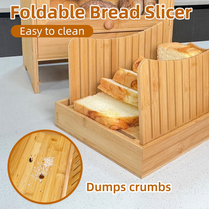 Aromfentu Bamboo Bread Box for Kitchen Countertop & Dining Room,Wooden Storage with Display Compartment & Built-in Bread Slicer,Eco-Friendly Organizer for Homemakers, Bakers & Bread Lovers ﻿