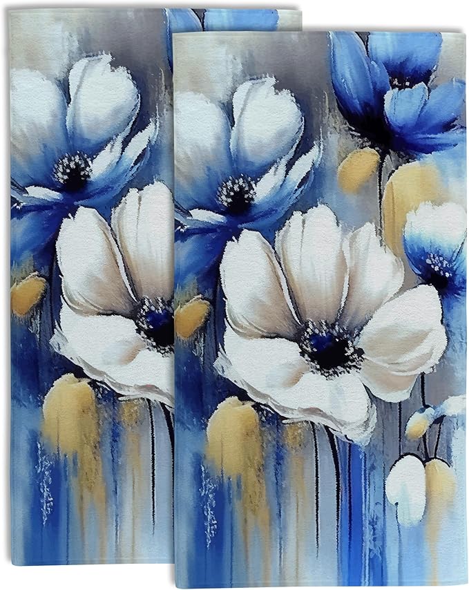 Watercolor White Blue Flowers Hand Towel Set of 2, Abstract Oil Painting Floral