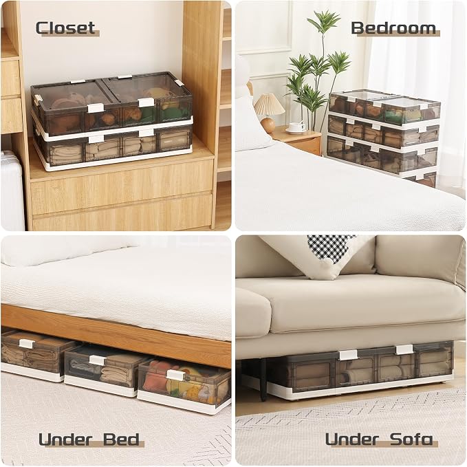 Under Bed Storage Containers with Wheels - Stackable, Foldable Plastic Storage Boxes with Lids for Clothes, Shoes, Blankets - Perfect for Bedroom Organization and Dorms (1 Pack-25.2''x16.5''x7.1'')