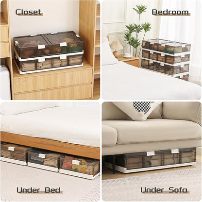 Under Bed Storage Containers with Wheels - Stackable, Foldable Plastic Storage Boxes with Lids for Clothes, Shoes, Blankets - Perfect for Bedroom Organization and Dorms