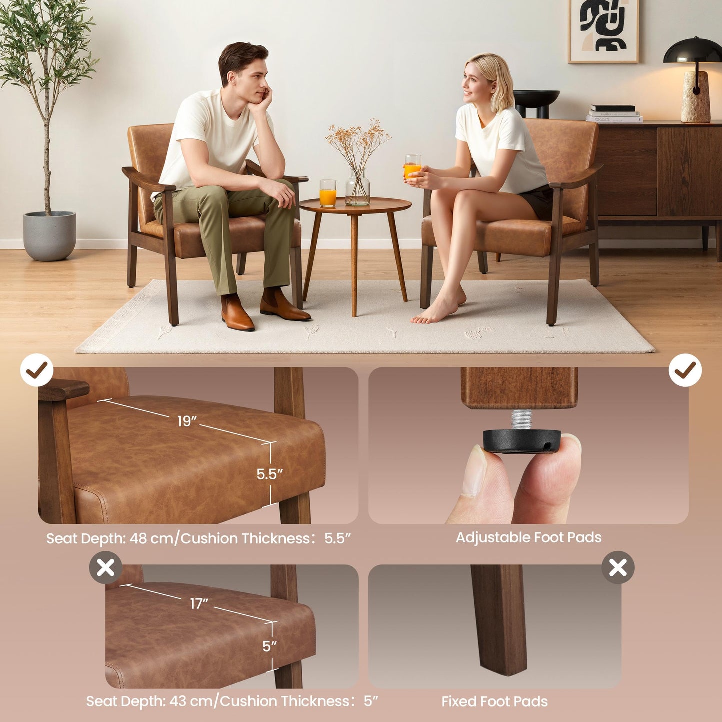 Yaheetech PU Leather Accent Chair, Mid-Century Modern Armchair with Solid Wood Legs, Reading Leisure Chair with High Back for Living Room Bedroom Waiting Room, Set of 2, Brown