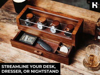 Premium 4 Slot Watch Box for Men (2026 Upgraded) – Wooden Watch Display Case with Hinged Wood Cover, Leather Lining & Drawer – Watch Organizer Stand – Handcrafted Luxury Father's Day Present for Men