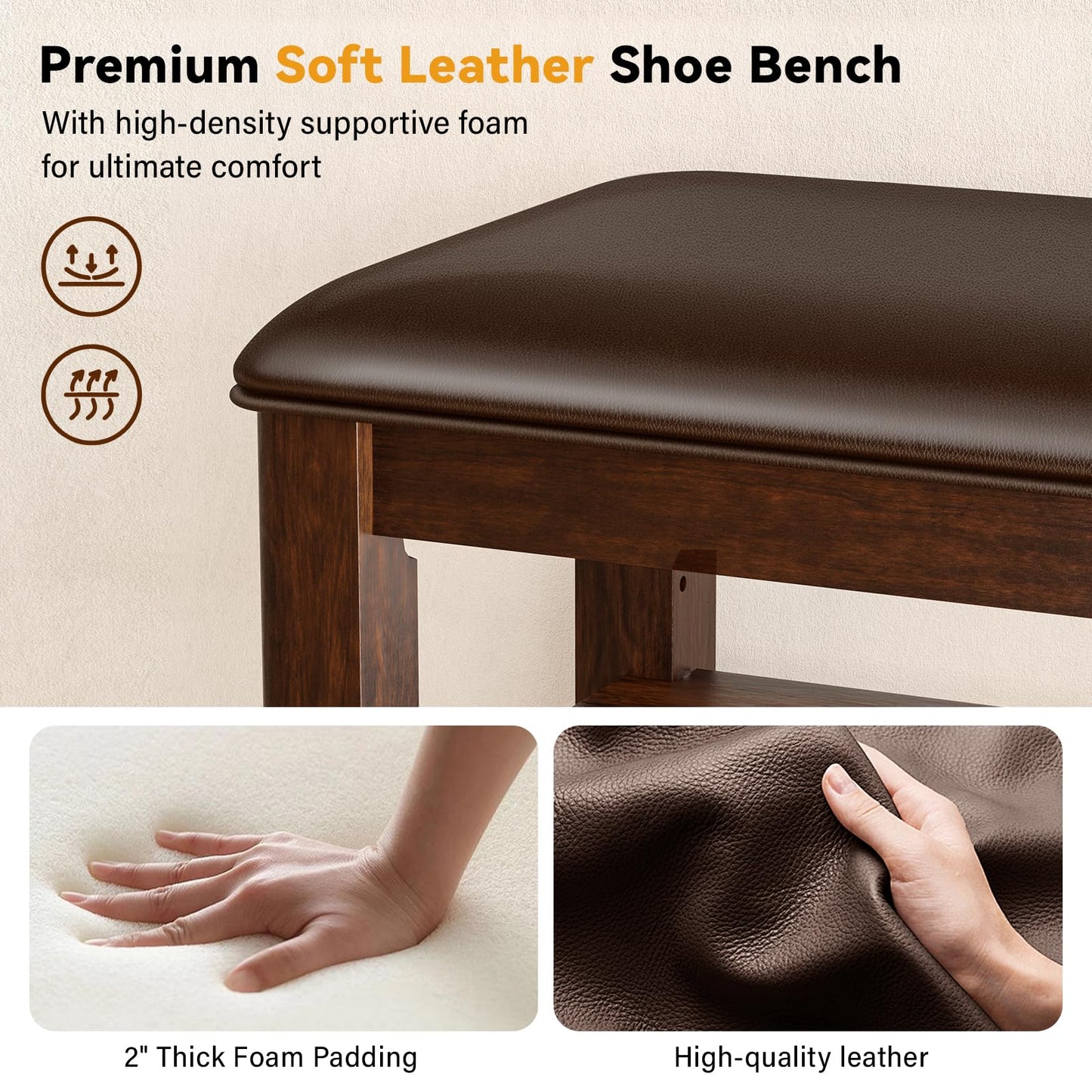 Taitiy Entryway Shoe Storage Bench with Leather Cushion + Solid Wood Clothes Rack with 2 Shelves