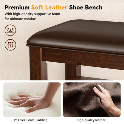 Taitiy Entryway Shoe Storage Bench with Leather Cushion + Solid Wood Clothes Rack with 2 Shelves