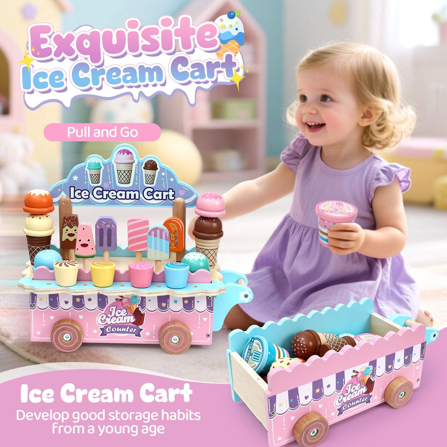 Atoylink Wooden Ice Cream Toys for Kids Pretend Play Food Toys with Scoop & Menu & Fake Money, Ice Cream Cart Play Store Toys for Toddlers Girls 3 4 5 6 Year Old Gift