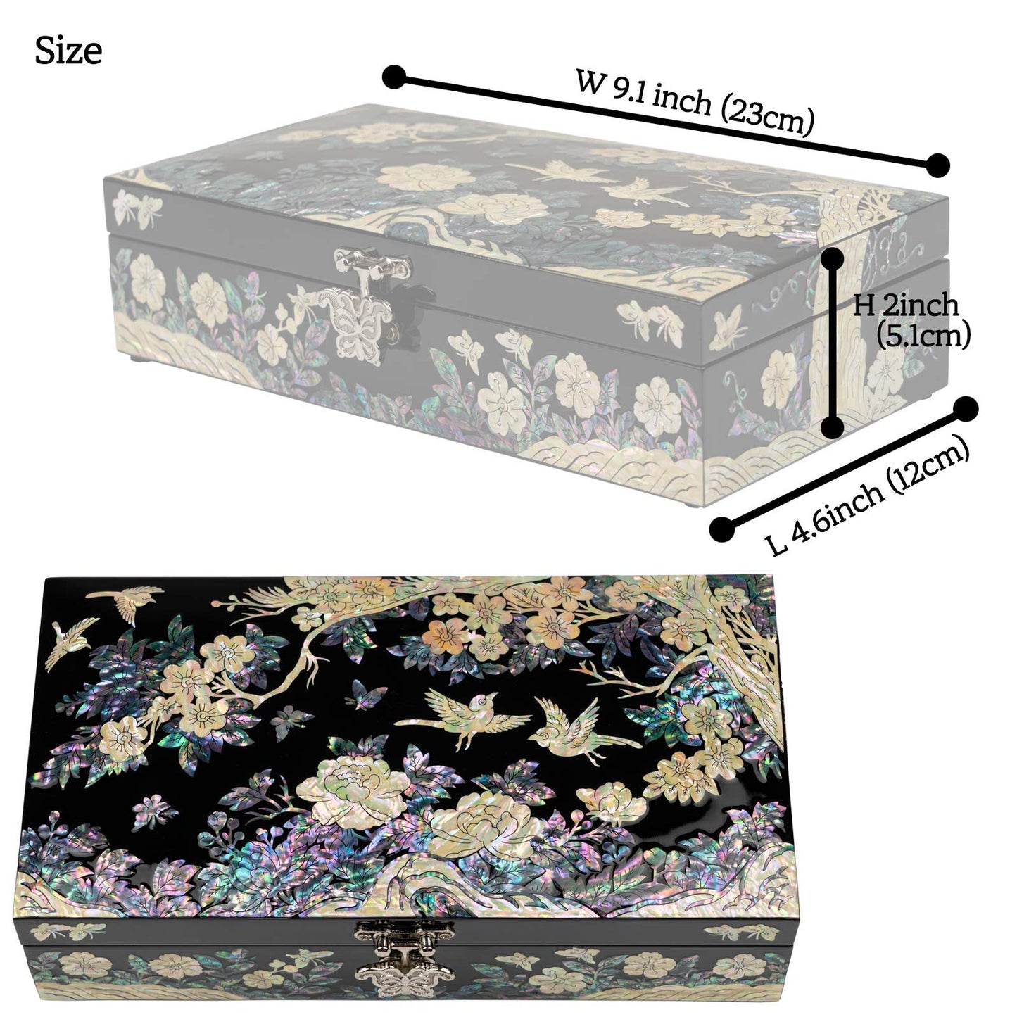 February Mountain Mother of Pearl Large Jewelry Box with Ring Tray - Handmade Unique Gifts for Women - Abalone Shell Keepsake Decorative Box