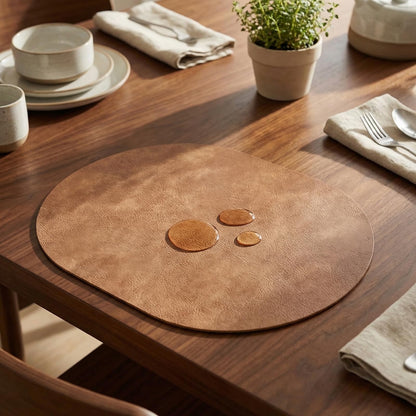 BIPASION Oval Placemats 2mm Ultra Thick Faux Leather Table Mats, Heat Resistant Waterproof Wipeable Dining Mats for Kitchen Table, Set of 8, Light Brown