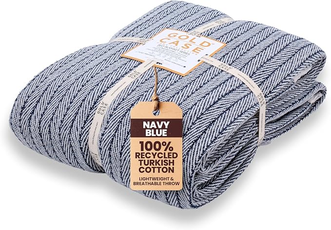 Gold Case Throw Blanket for Bed - 100% Recycled Turkish Cotton Blanket - Vintage Lightweight Soft Throw Blankets for Bed & Living Room - Queen Size Cozy Blankets - 90x90 - Navy Blue