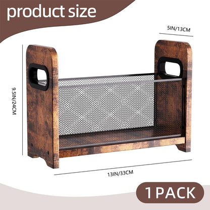 ASIFMTHOT Wood Magazine Holder & Rack - Retro Brown Mesh Storage Basket for Books, Newspapers, Files - Desk/Floor Organizer