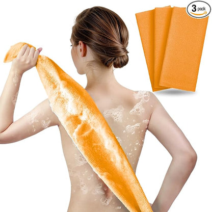 ARCH&M Exfoliating Washcloth & Body Scrubber, Orange, 3 Pack | Japanese Beauty Cloth, Nylon, Deep Cleansing, Back Exfoliation, For Shower Daily Use