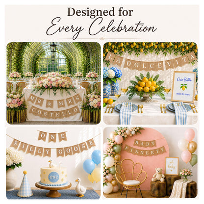 Pre-Printed Banner Kit – 97 BURLAP Flags with WHITE Letters, Numbers & Symbols, Reusable DIY Custom Banner, Make Your Own Personalized Banner for Aesthetic Party Decor, Natural Linen-Look Burlap, Includes Twine & Needles