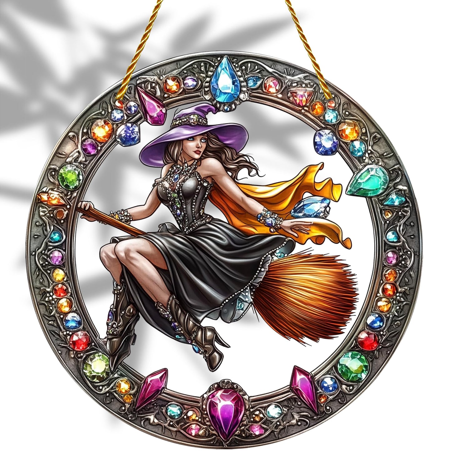 8x8 inch Charming The Witch Rides A Broom Acrylic Stained Glass Window Hanging Sun Catcher Decor Stained Panel Hangings Wall Art Decor, for Friends and Family (Witch Broom)