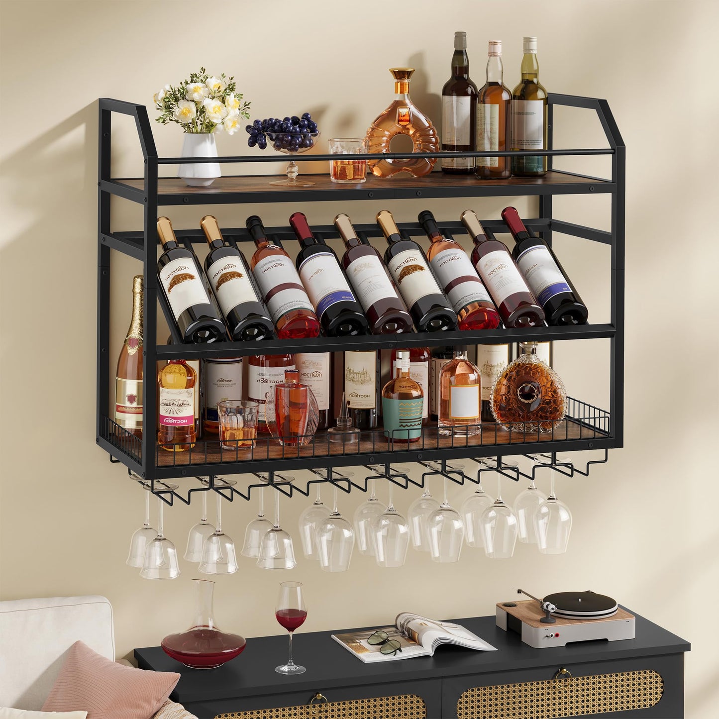 Hoctieon Wall Mounted Wine Rack, 31.5" Wall Wine Rack for Display and Storage, Hanging Bottle Holder, for Living Room, Dining Room, Bar, Wine Cellar, Rustic Brown
