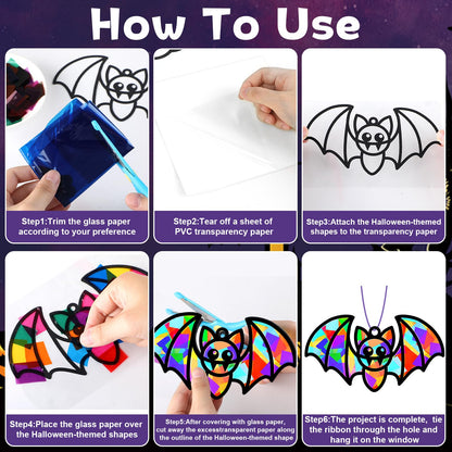 QOUBAI 32 Sets Halloween Bats Suncatchers Craft Kit DIY Window Stained Glass Effect Halloween Bats Paper Crafts Home School Classroom Decoration Kid Birthday Gift Creative Art Project Activity Game
