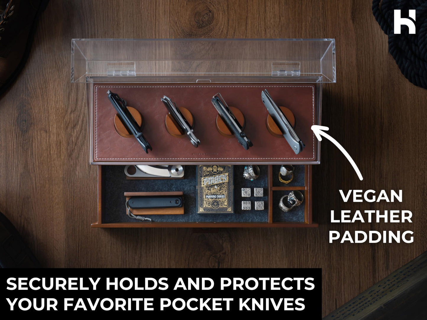 Premium Pocket Knife Display Case for 10 Knives - Wooden Knife Organizer, Storage & Holder with Unique Pillars, Hinged Cover, Drawer - Knife Collection Box - Handcrafted Father's Day Present for Men