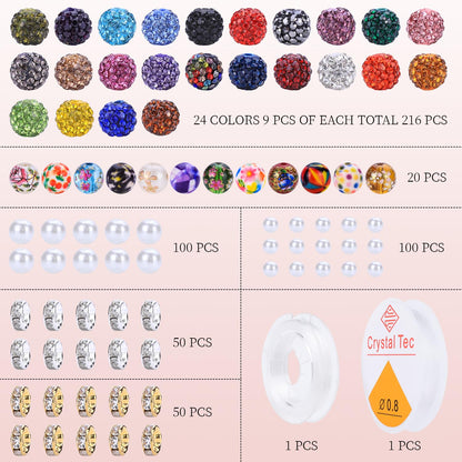 AIPRIDY Jewelry Making Beads Set, 590 PCS 10mm Round Mixed Color Rhinestone Clay Beads with Pearl and Floral Beads for DIY Bracelets, Necklaces(Fixed Mixed)