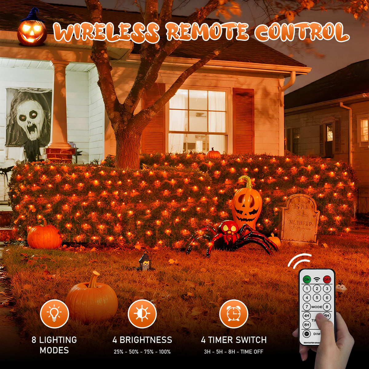 JMEXSUSS Orange Solar Halloween Lights Outdoor, 320 LED 9.8ft x 6.6ft Solar Net Lights Outdoor Waterproof, Solar Lights with 8 Modes Remote for Halloween Decorations
