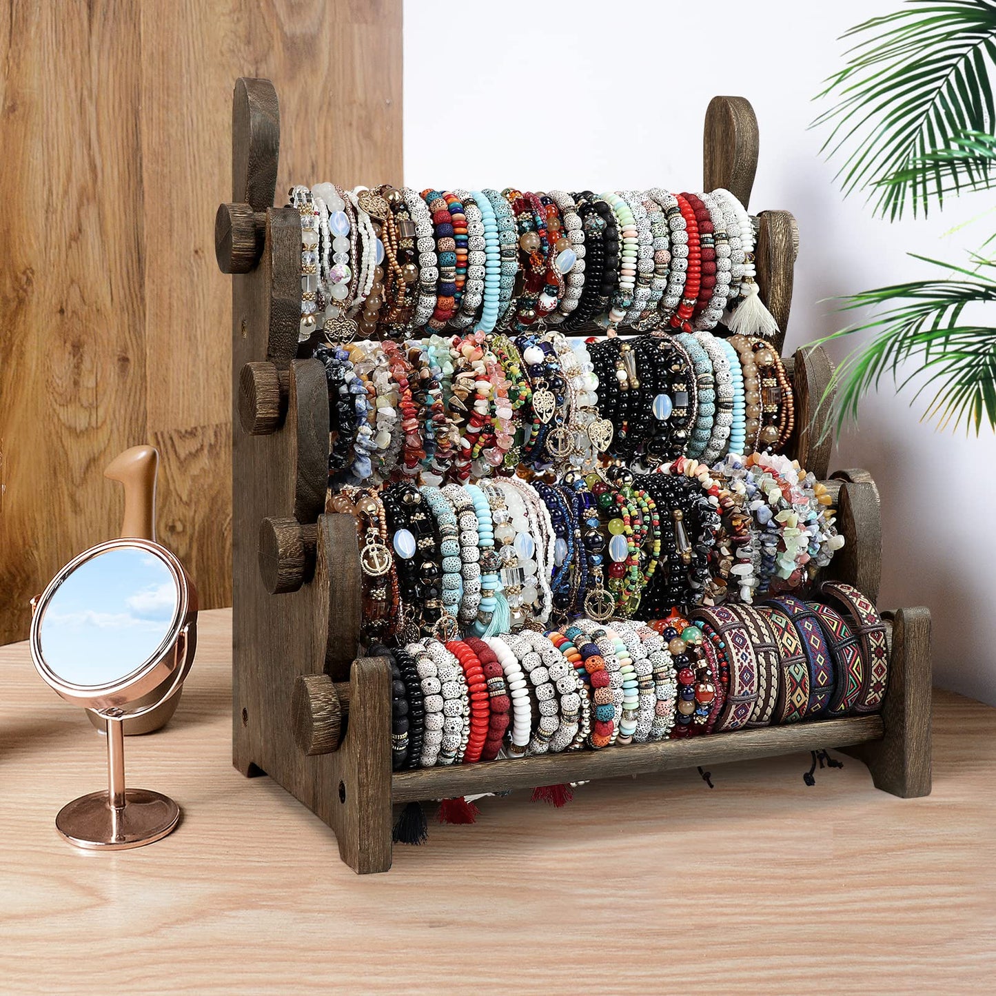 TOPNEW 4 Tier Wooden Bracelet Holder, Scrunchie Bangle Watch Necklace Display Storage Jewelry Holder Stand Display Organizer, Brown