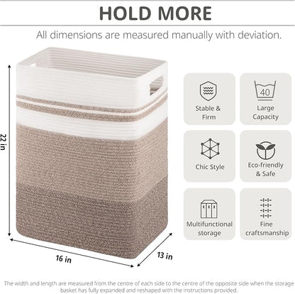 OIAHOMY Rectangle Laundry Basket, Large Laundry Hamper with Handles, Cotton Blanket Basket for Living room, Woven Decorative Storage Basket for Clothes,Pillows-16x13x22in-Gradient Yellow