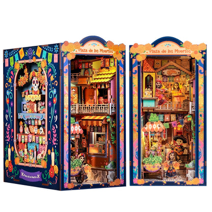 CUTEBEE Book Nook Kit - Mexican Fiesta DIY Miniature Dollhouse, Vibrant LED Bookshelf Decor Alley Model for Adults Teens, Gifts for Family and Friends（Plaza de Los Muertos）