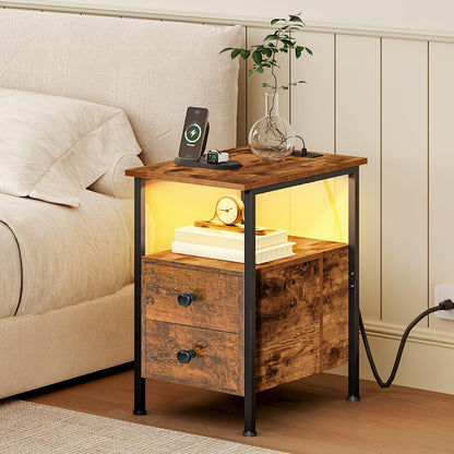 HOOBRO End Table with Charging Station & Led Light, Narrow Side Table with 2 Drawers & USB Ports & Power Outlets, Nightstand for Small Spaces, for Living Room, Bedroom, Rustic Brown Black BF436UDBZ01