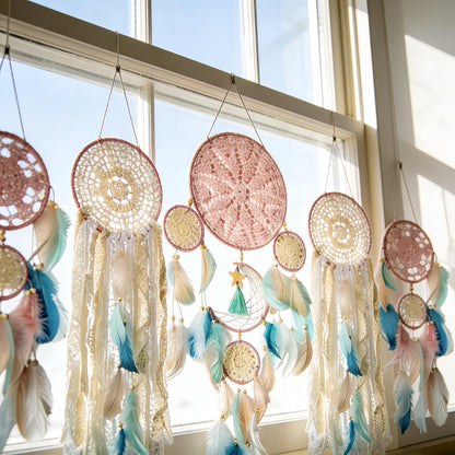 Handmade Dream Catchers Set of 5, Pink Boho Macrame Wall Hanging Decor for Women, Gift for Mother's Day, Birthday, Christmas, Housewarming, Nursery, Teen Girl Bedroom Aesthetic