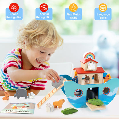 JUSTWOOD Wooden Noah's Ark Toy for Toddlers 1+ Years, Baptism Gift for Boys and Girls, Baby Montessori Educational Animal Shape Sorter Toy with Bible Story Book