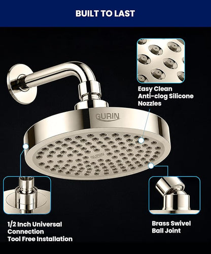 GURIN Shower Head - Powerful High Pressure Rain Shower Head 6 Inch - Luxury Rainfall Showerhead with Adjustable Angles, 90 Anti-Clog Nozzles, Tool-Free 1-Min Install, Premium Brushed Nickel Finish