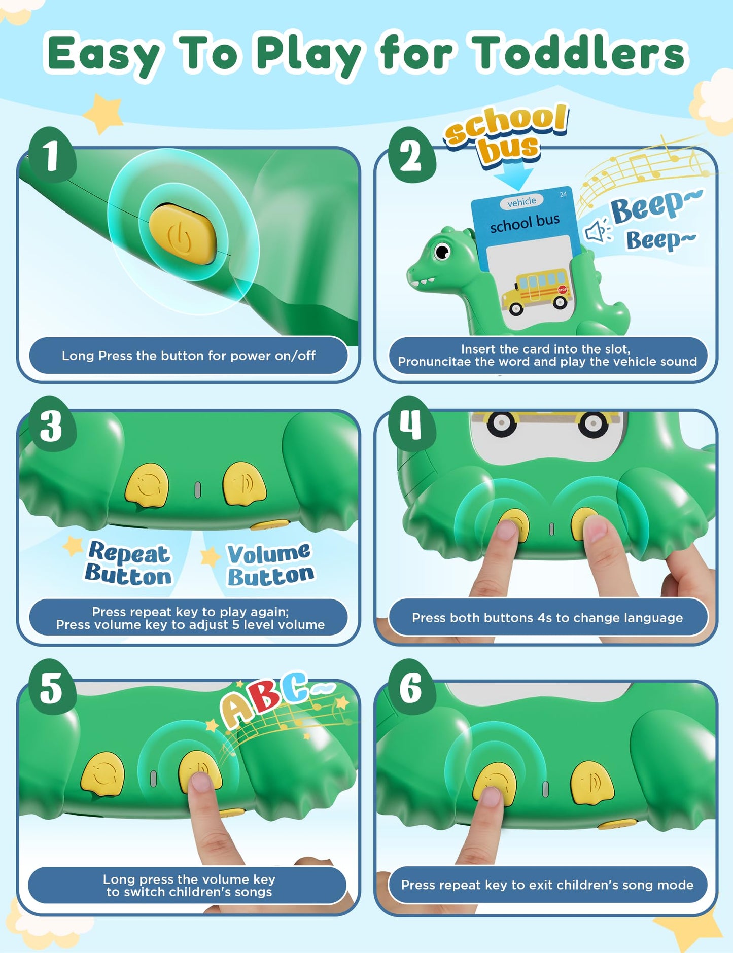 Talking Flash Cards for Toddlers with 510 Sight Words, Dinosaur Shaped Pocket Speech English Learning Toys Gifts for Boys, Educational & Autism Toys for Speech Therapy